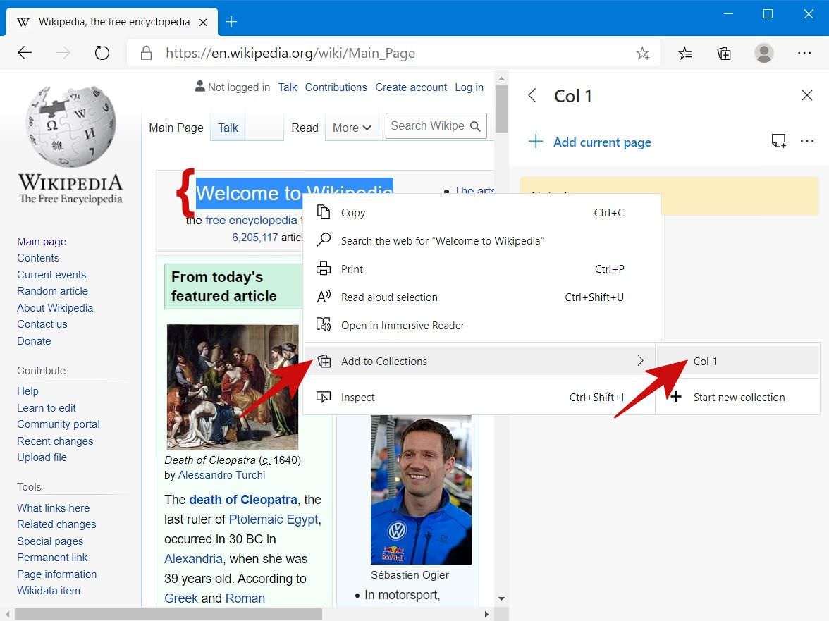 Add a selected image or text to Edge's Collections