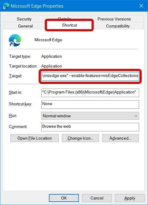 Свойства Microsoft Edge в Windows 10