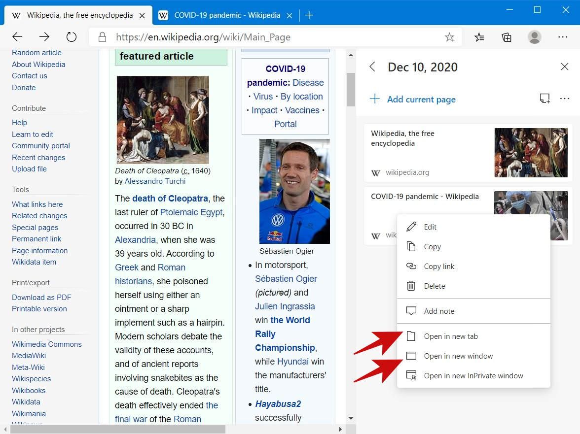 Open individual web pages in Microsoft Edge