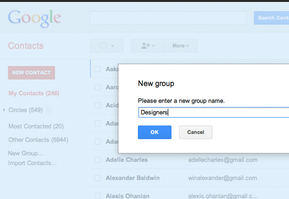 Contacts menu creating new group