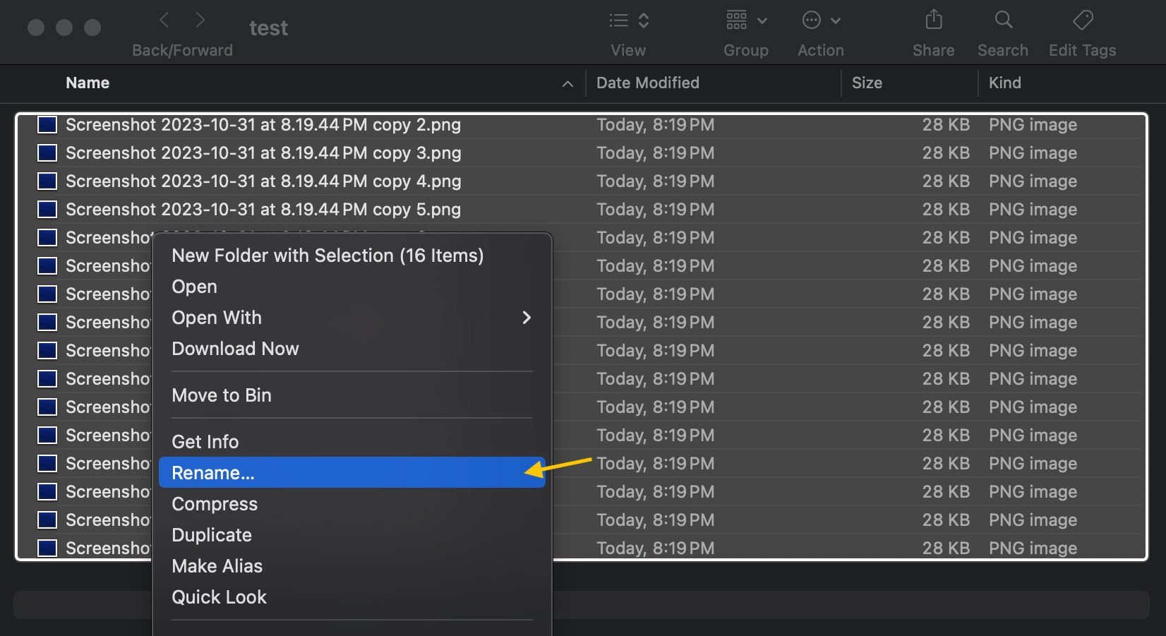 Selecting all files for renaming in macOS