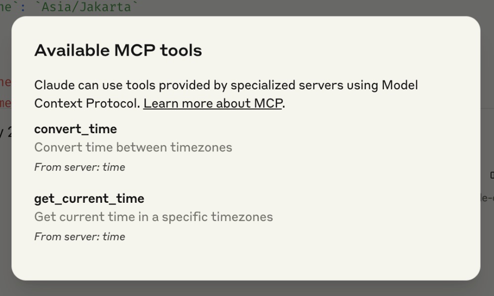 MCP tools interface showing options