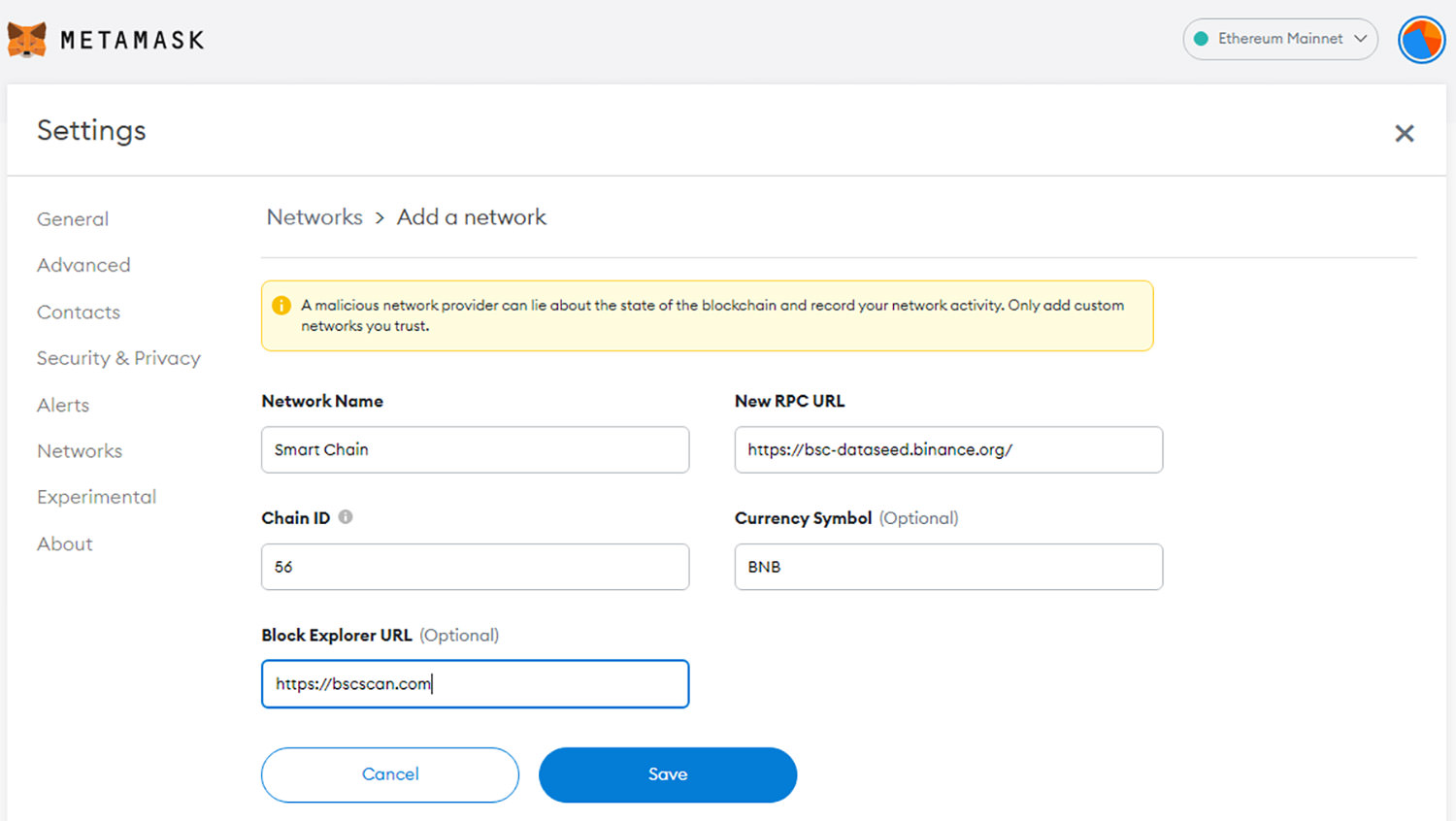 metamask add network