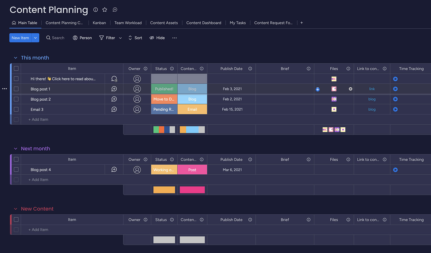 Content Planning template on monday.com