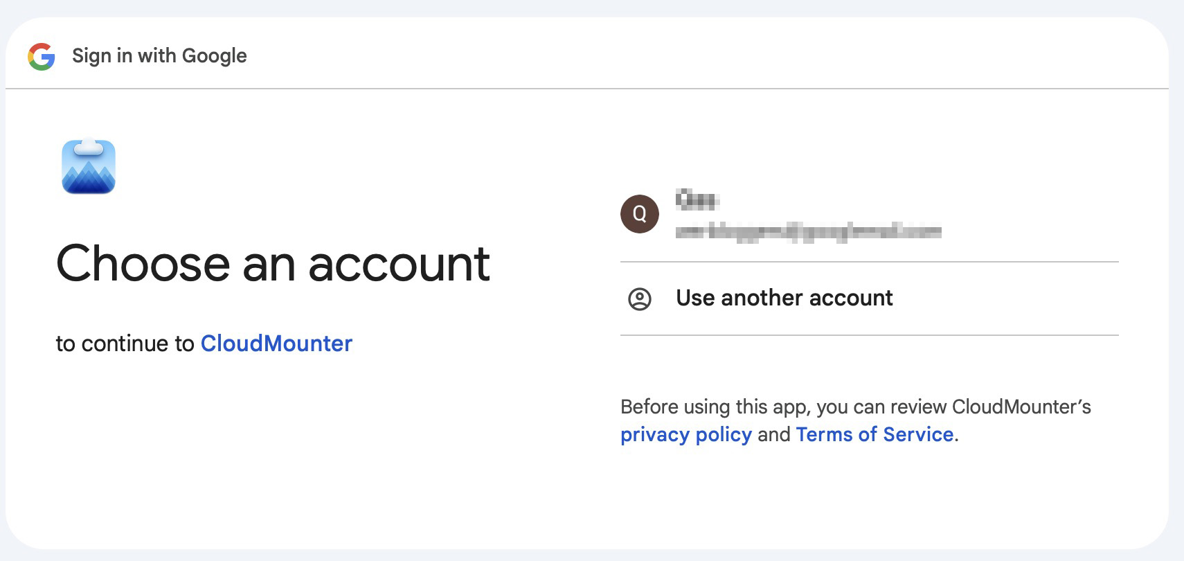 CloudMounter screen for adding a Google Drive account and granting permissions