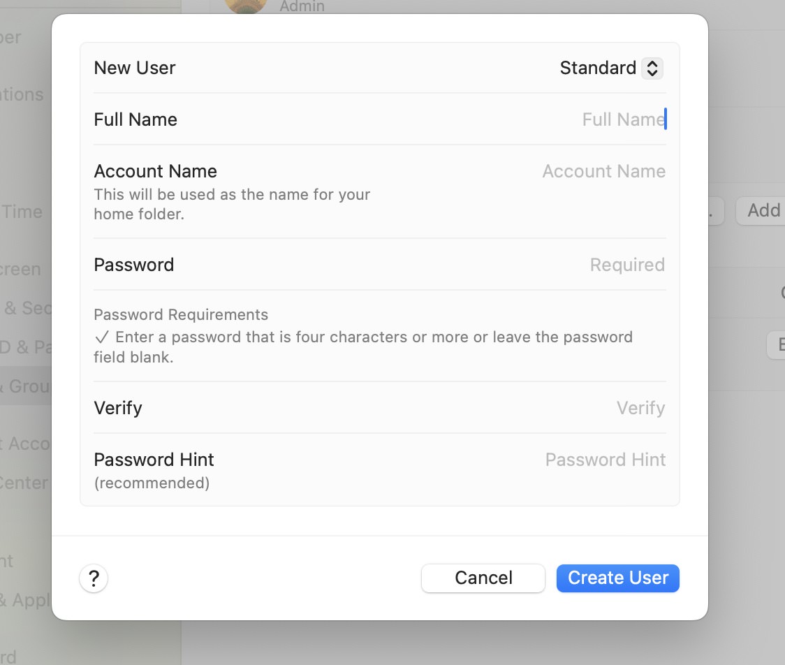 Form to create a new user on macOS with fields for user details