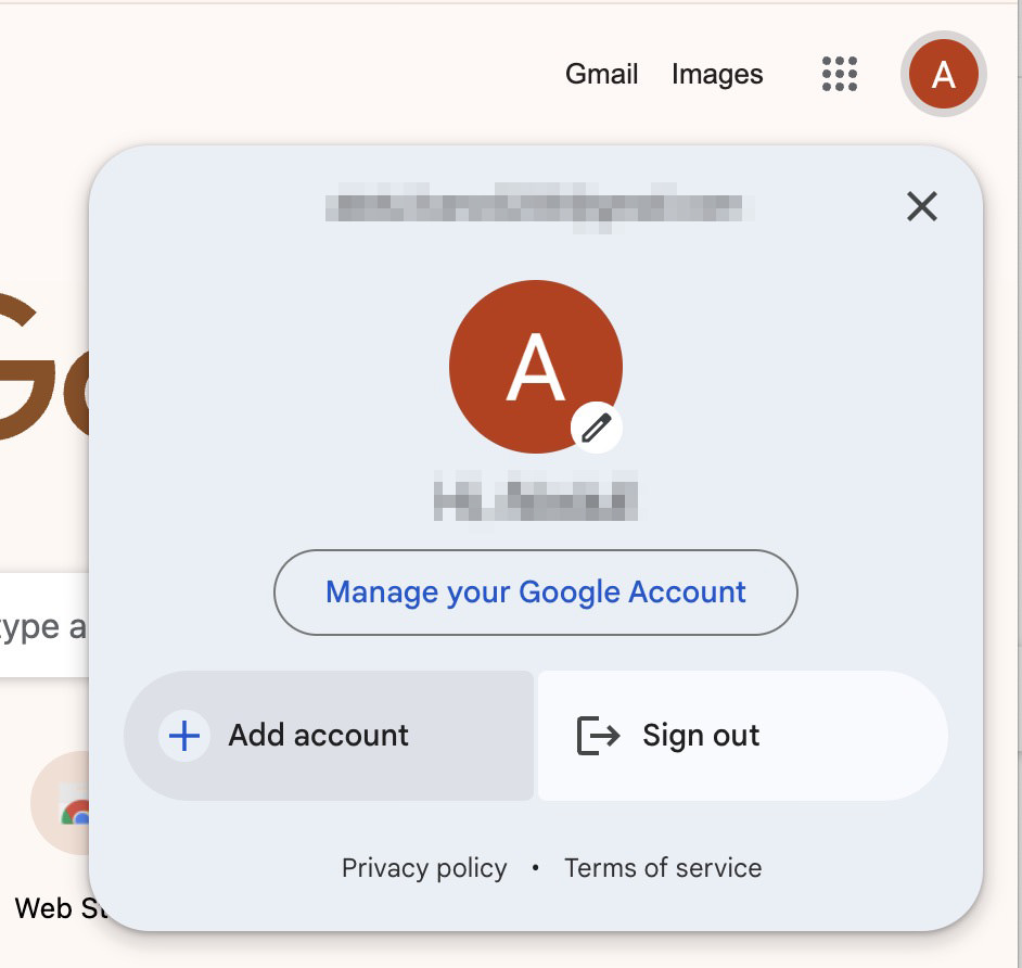 Google Chrome profile menu for managing accounts