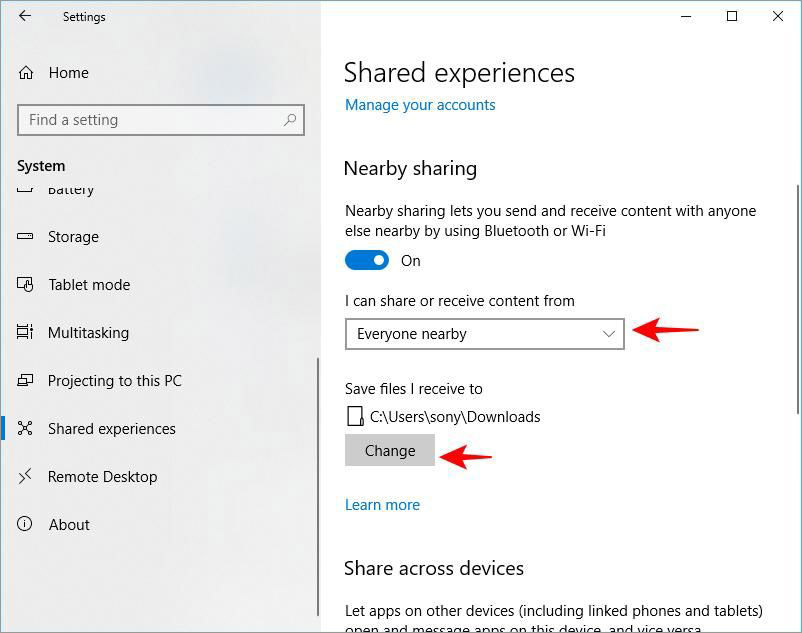 Configure Nearby sharing in Windows 10