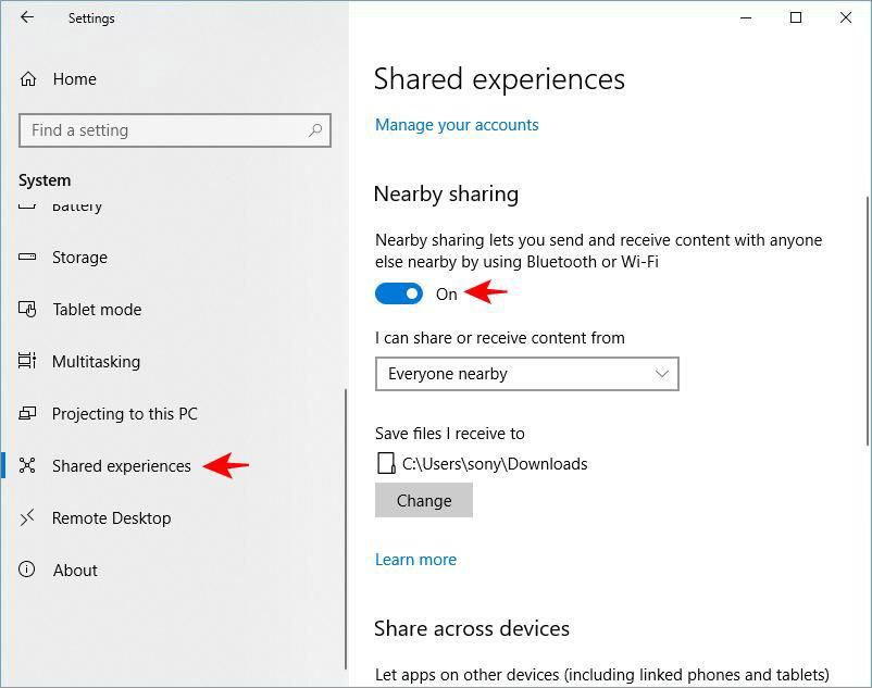 Enable Nearby sharing in Windows 10