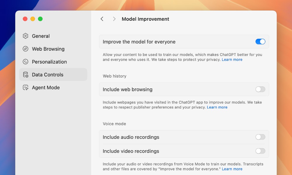 Atlas privacy settings panel