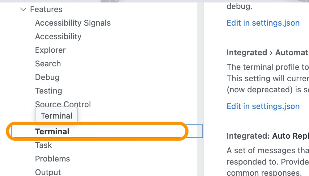 VS Code terminal settings menu