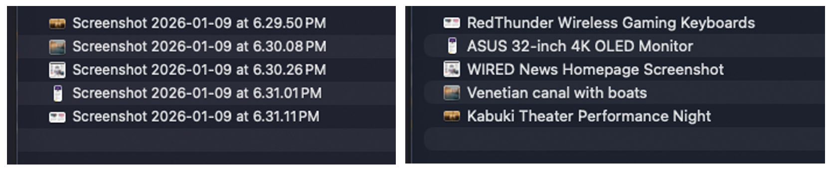 Before and after comparison of Mac screenshot file organization