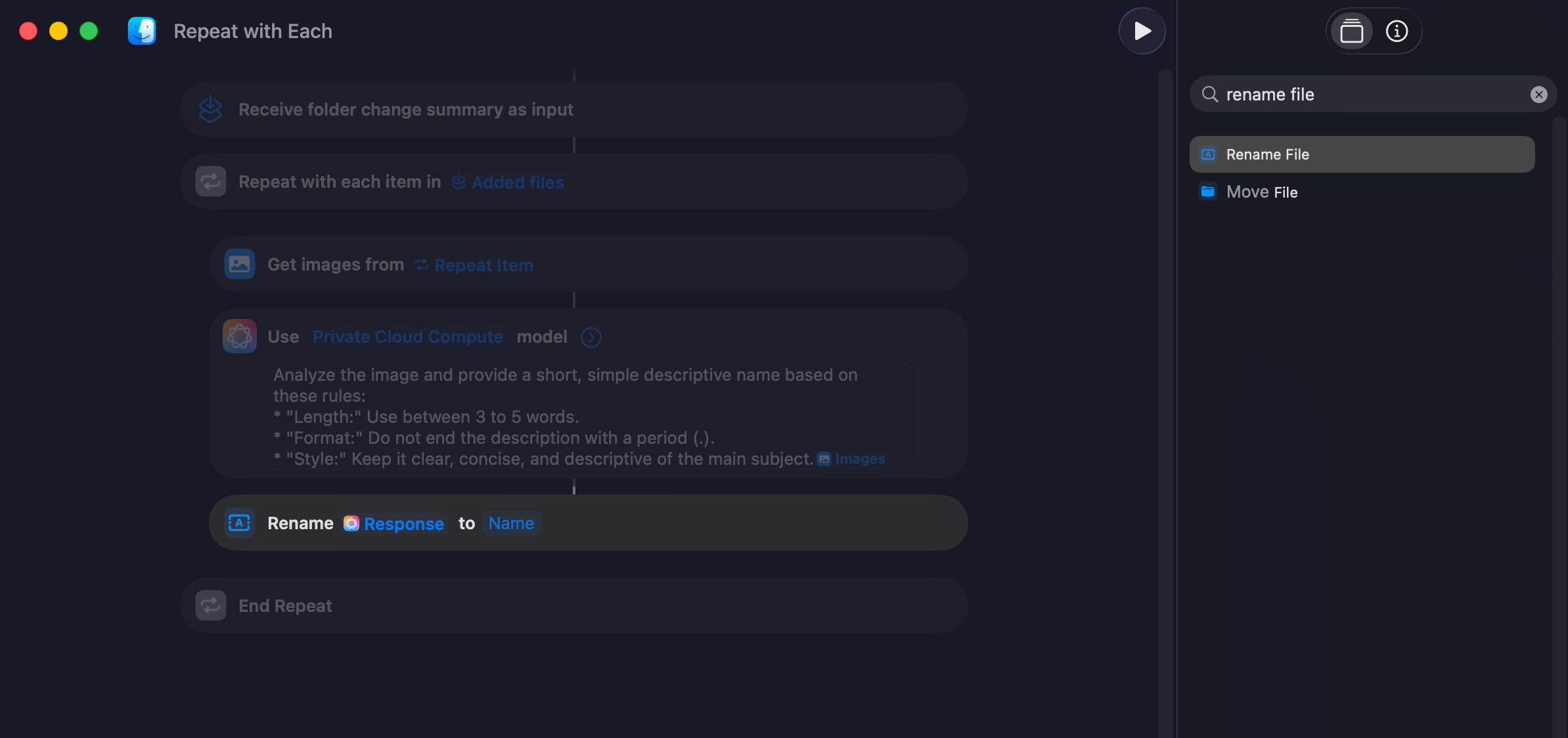 Adding Rename File action in Mac Shortcuts automation