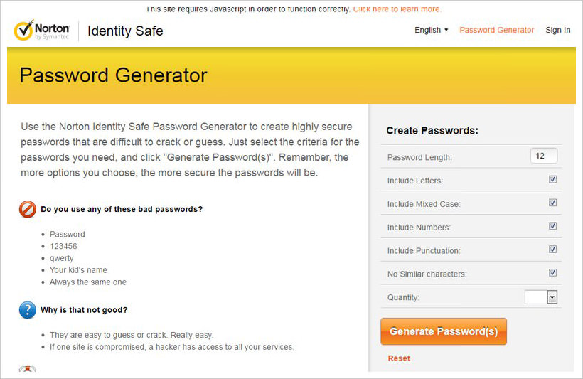 norton password generator