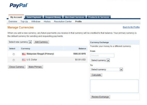 Screenshot illustrating how to add currencies in PayPal