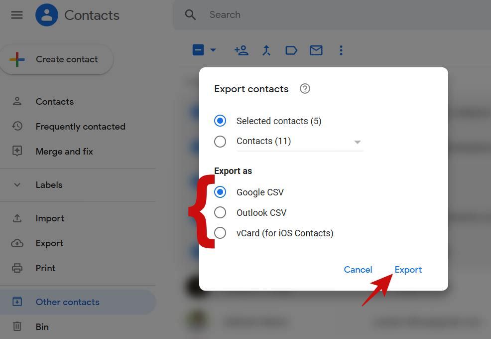 Export contacts to CSV or vCard