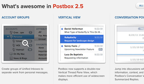 Postbox 2.5 Homepage with Features Panel