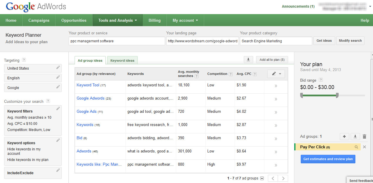 Adwords Keyword Planner Interface