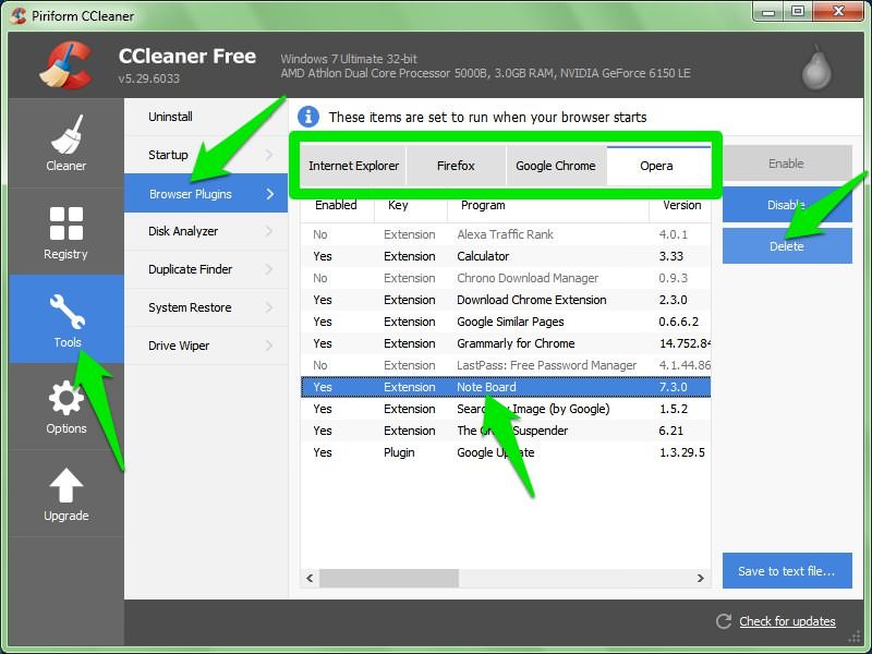 Removing browser extensions using CCleaner