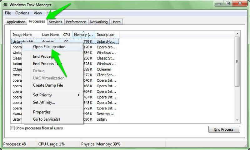 Process file location in Windows