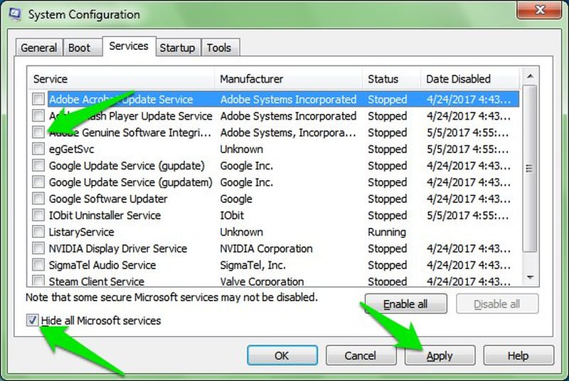 Disabling services in Windows