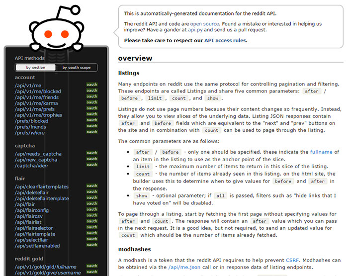 reddit api documentation website