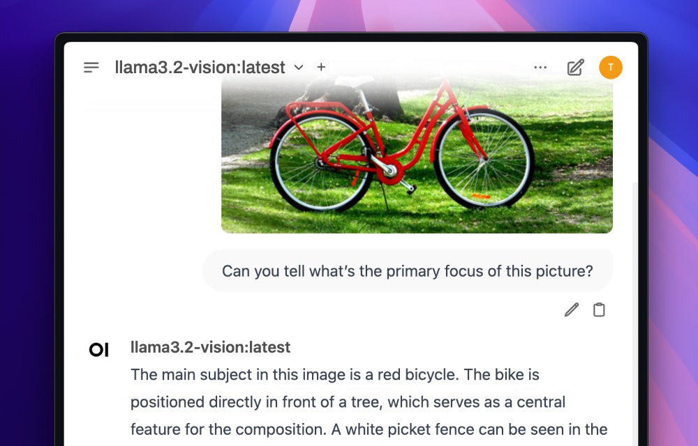 Open WebUI multimodal chat interface showing image analysis of a red bicycle