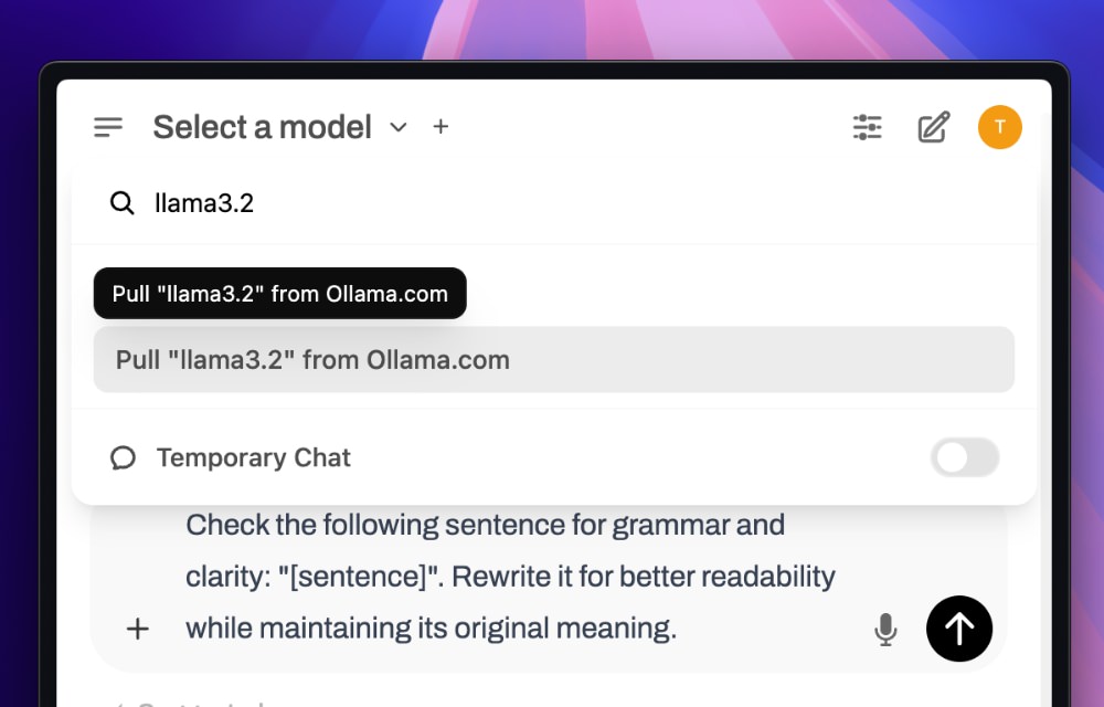 Open WebUI model pull dialog showing llama3.2 selection