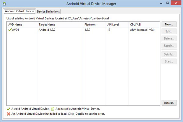 android virtual device manager windows 10