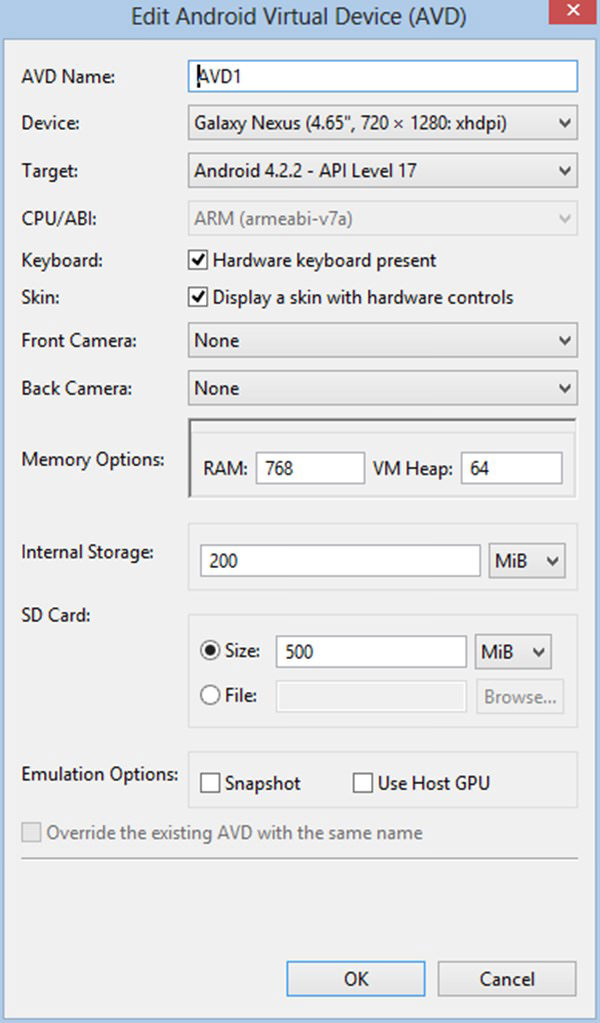 Editing Android Virtual Device Settings