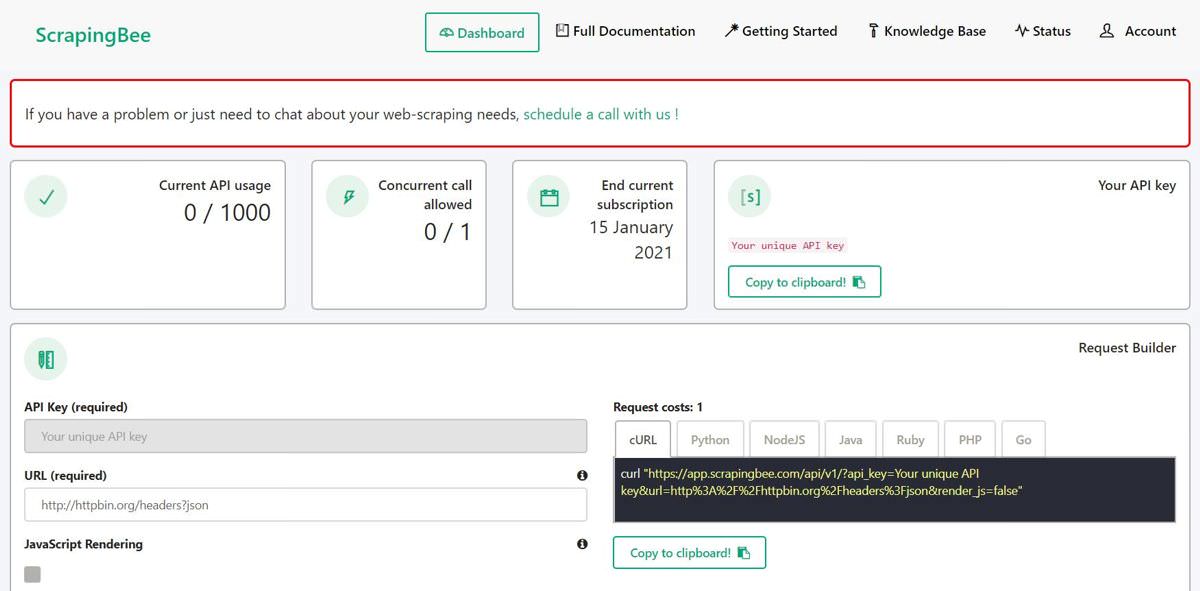 ScrapingBee's dashboard shows account details