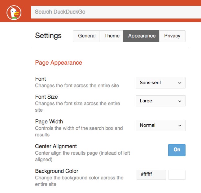 Appearance settings in DuckDuckGo