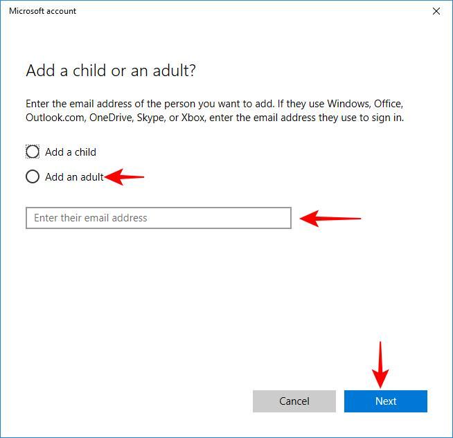 Add an adult account in Windows 10