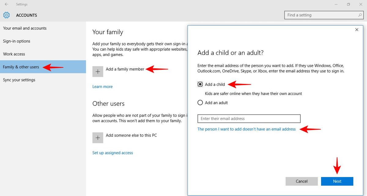 Add a child account in Windows 10