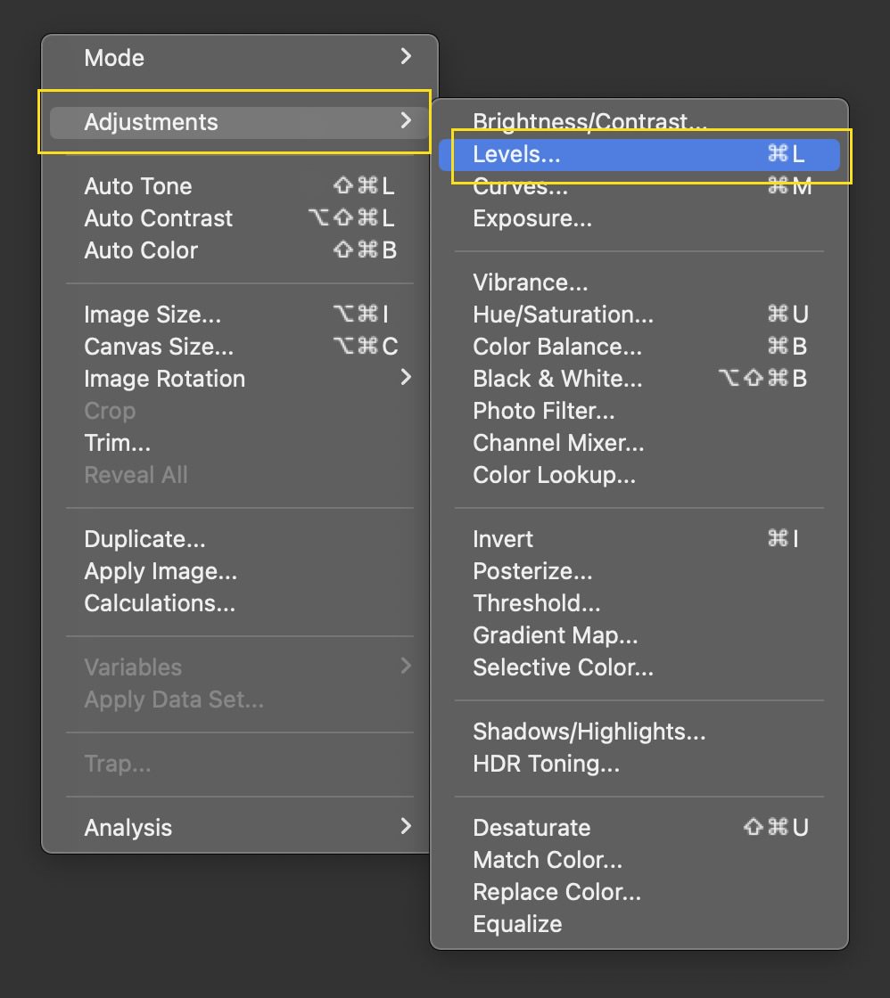 Photoshop Levels adjustment menu