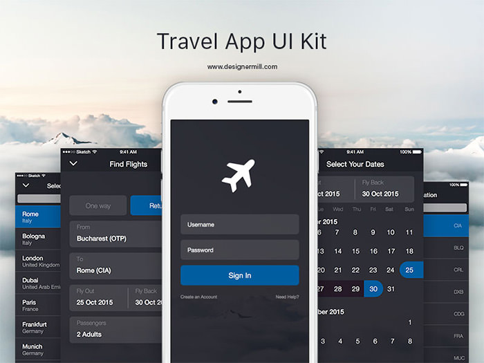 travel app ui sketch freebie