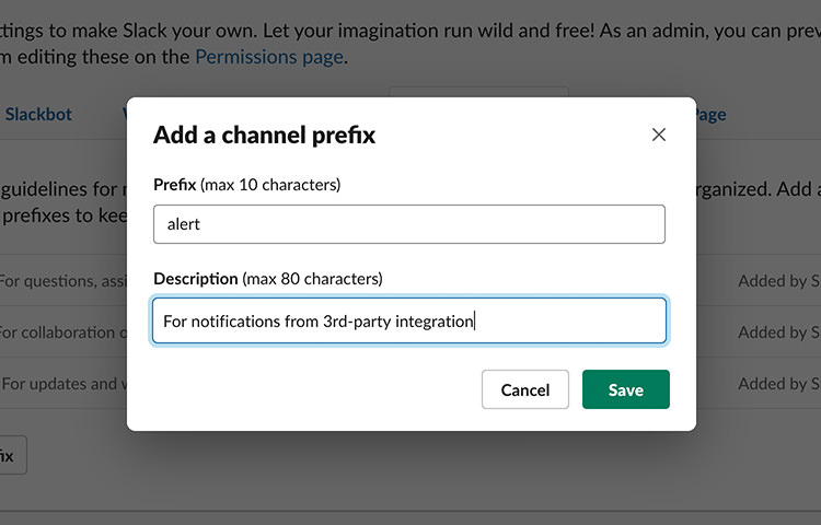 Slack default channel prefixes