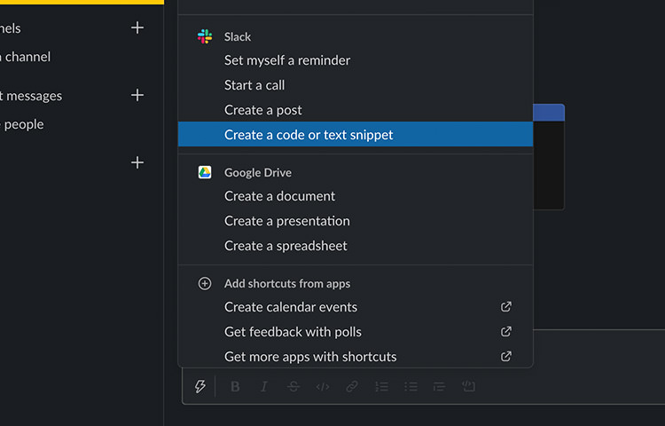 Slack code snippet menu