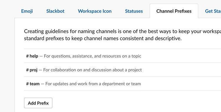 Slack default channel prefixes