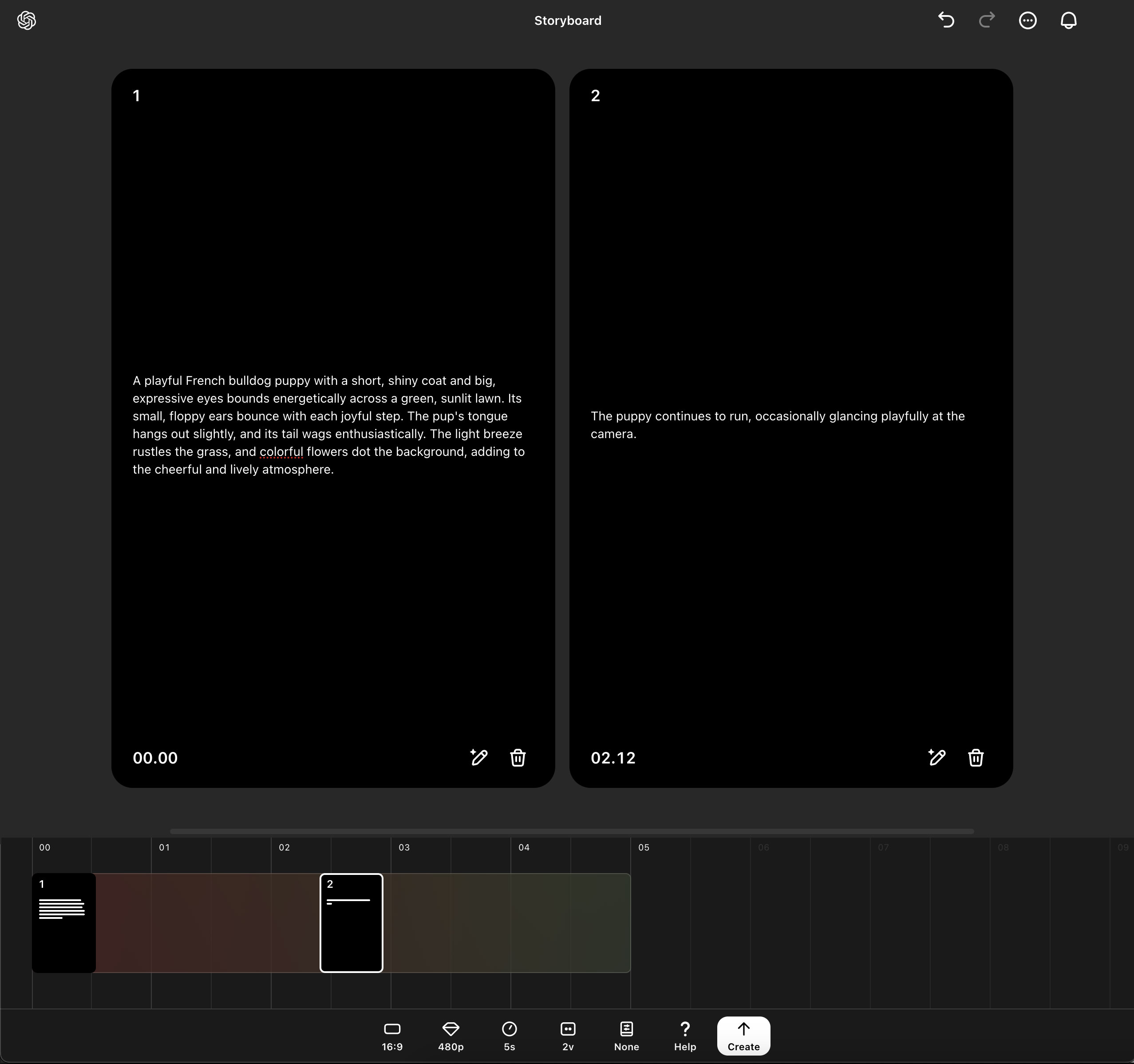 Storyboard interface for visualizing video sequence