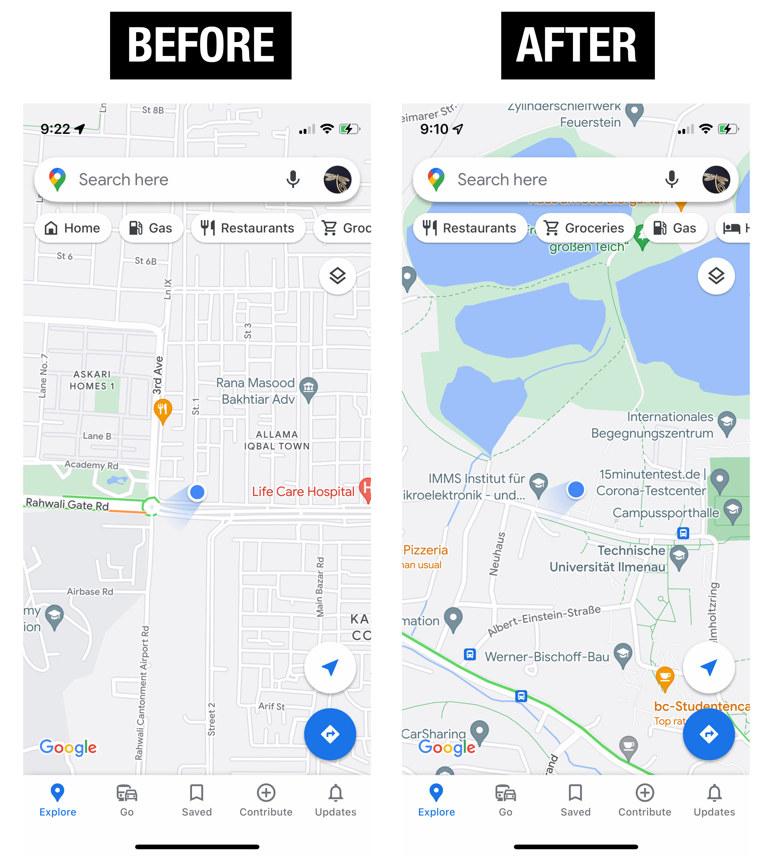 Before and after location change