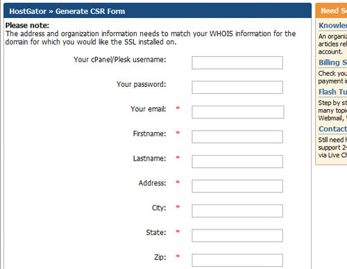 HostGator Generating a Certificate Signing Request Form