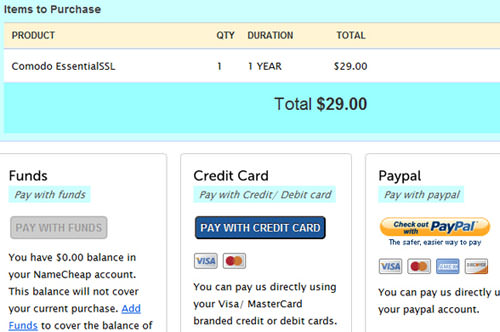 Purchasing SSL certificate through Namecheap - credit/paypal