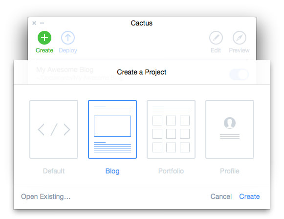 Selecting a blog template in Cactus