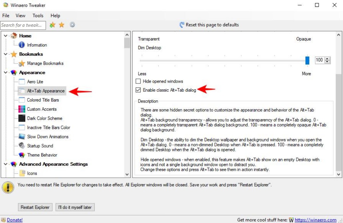 Using Winaero Tweaker to Enable Classic Task Switcher