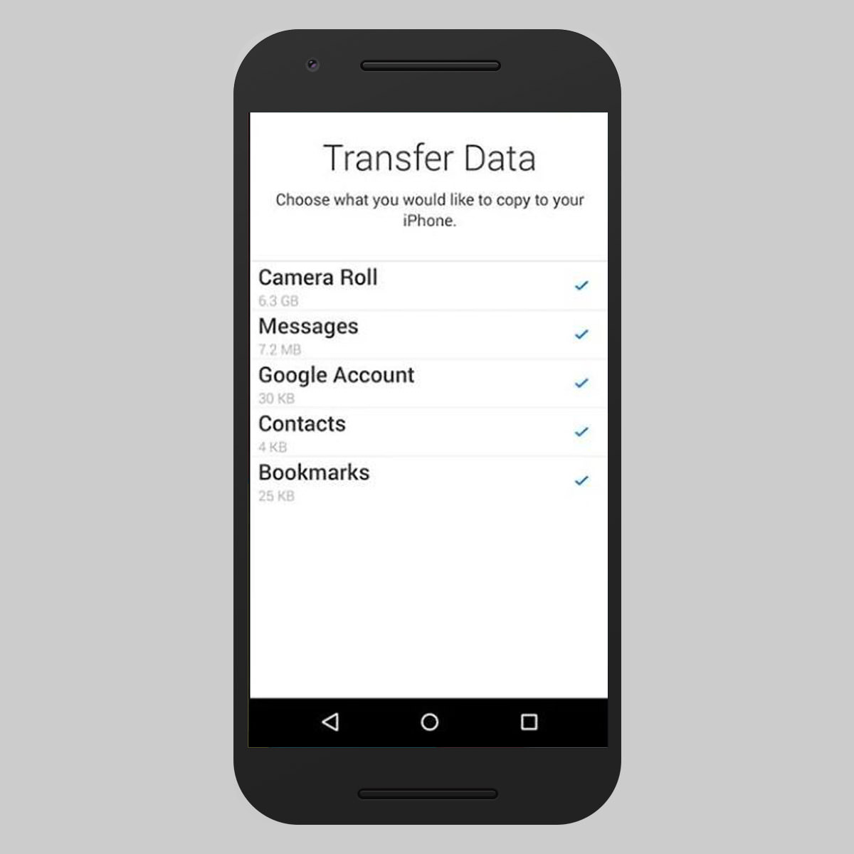 Choose data to transfer in Move to iOS app