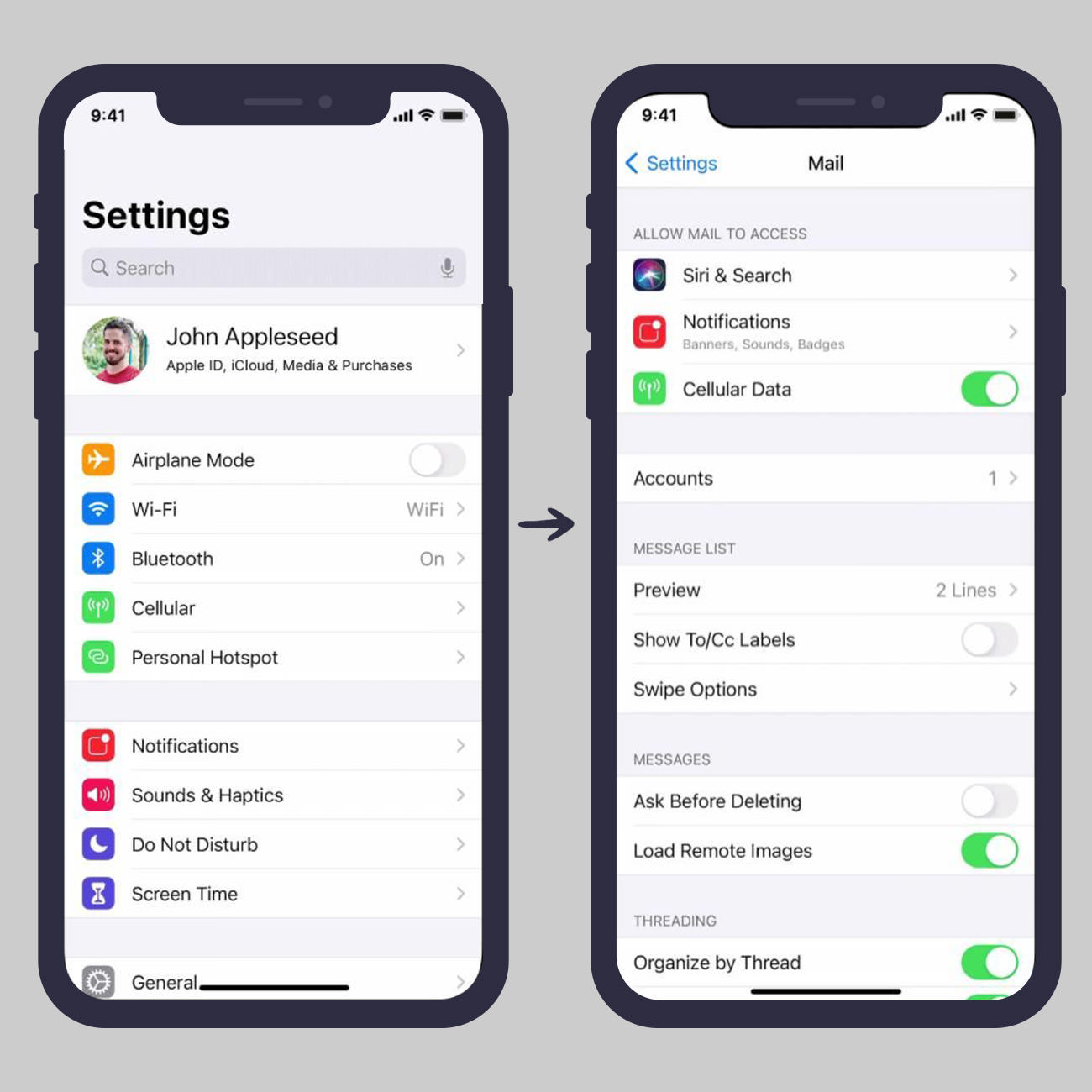 Open Settings and go to Mail in iOS