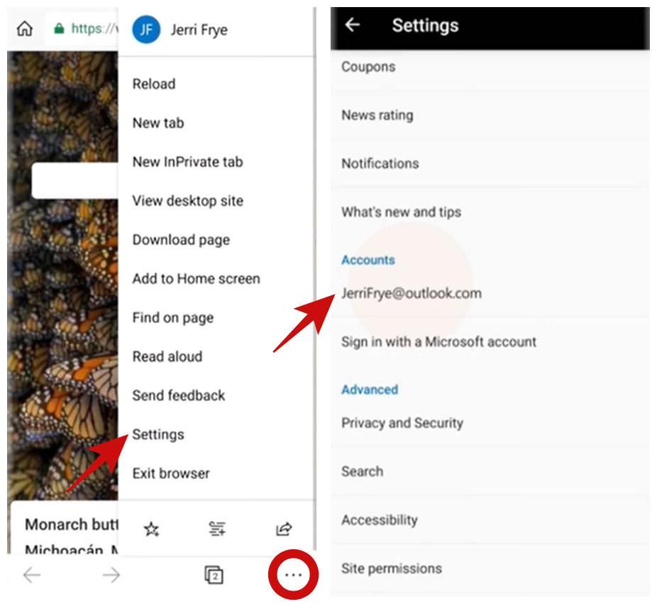 Open Accounts settings in Edge for Android or iOS