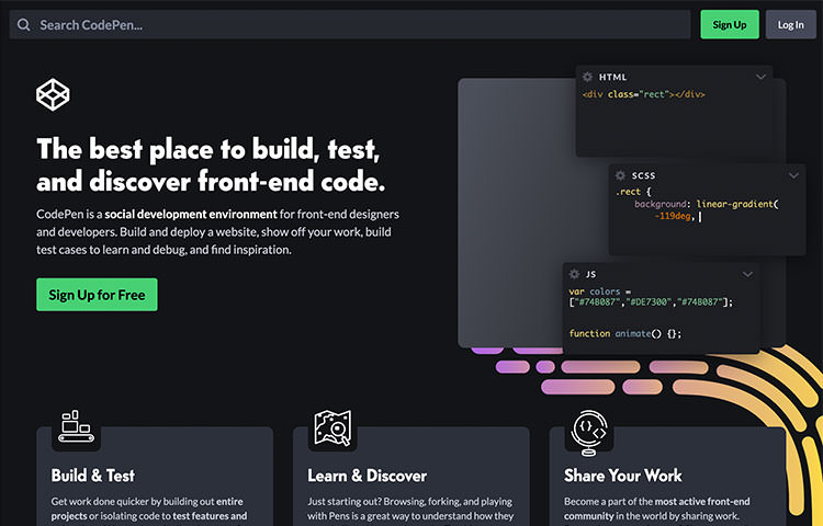 CodePen website homepage