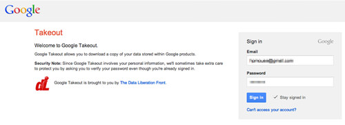 Log in to Google Takeout